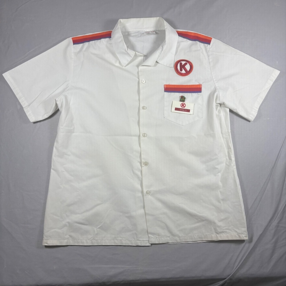 Vintage Circle K Uniform Shirt Large White Rainbow Stripe Gas Station Workwear
